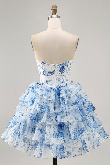 White Blue Flower A-Line Strapless Sequins Printed Homecoming Dress